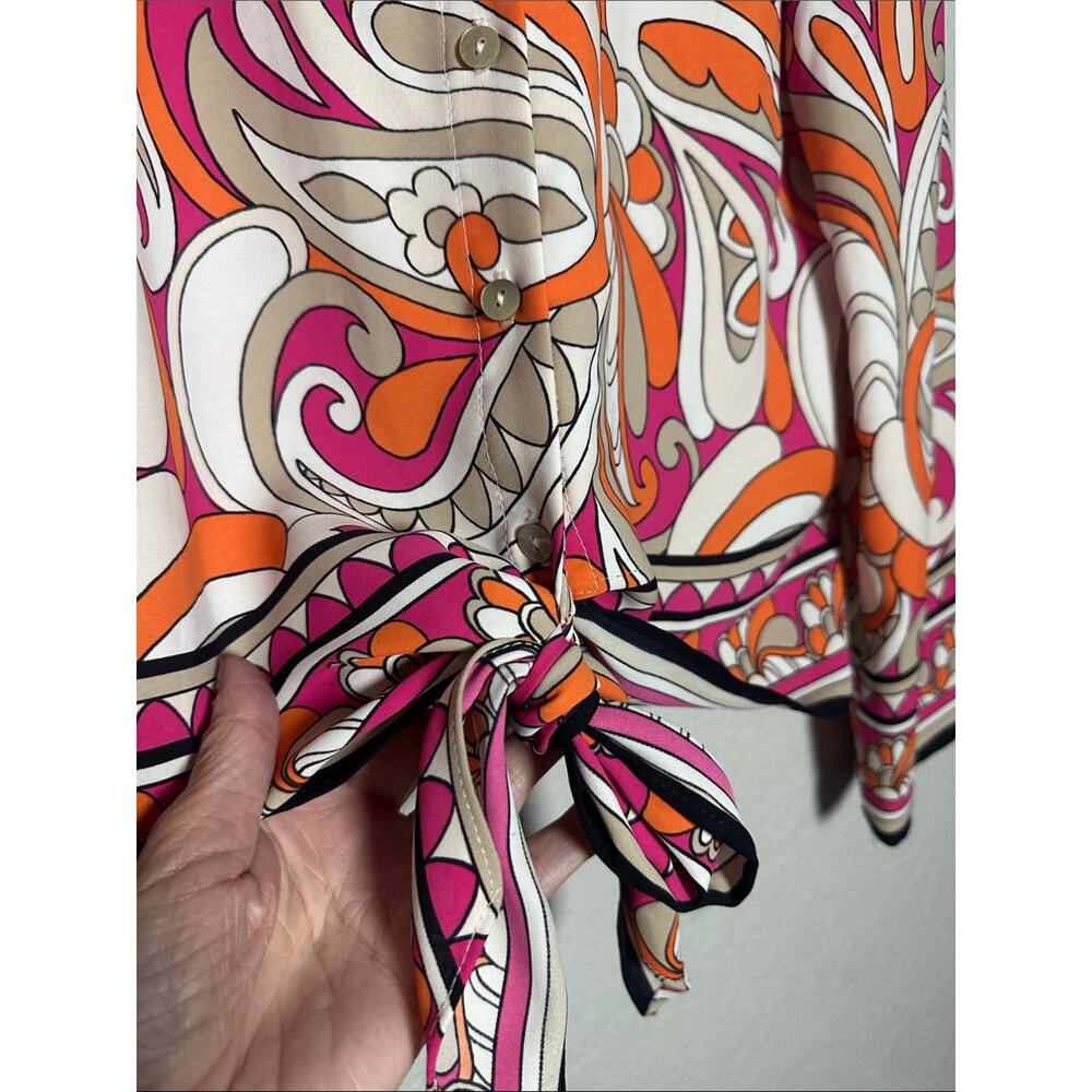 Joseph Ribkoff Pink Orange Paisley Tie Front Blouse Retro 70s Summer Girl - Picture 6 of 8